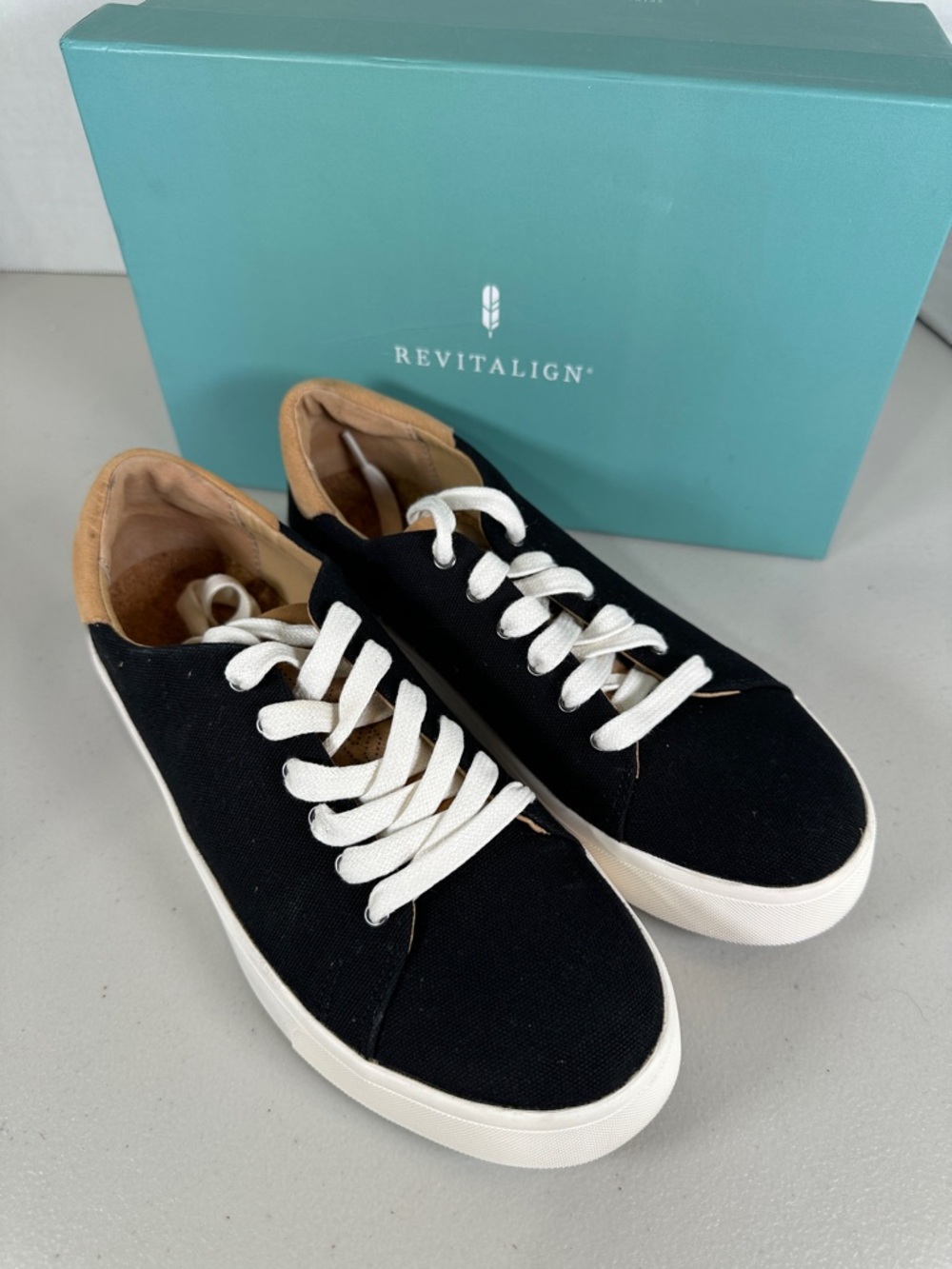 REVITALIGN Black Canvas Sneakers with White Laces and White Sole, Tan Collar